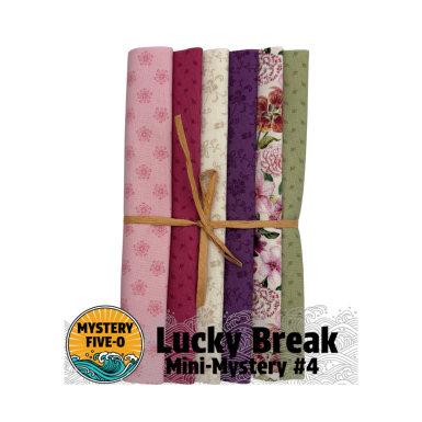 Set of five floral fabric rolls tied together with text 'Mystery Five-O Lucky Break Mini-Mystery #4' on a white background.