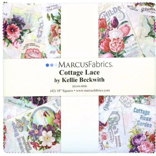 Fabric swatches with floral designs and 'Marcus Fabrics' branding.