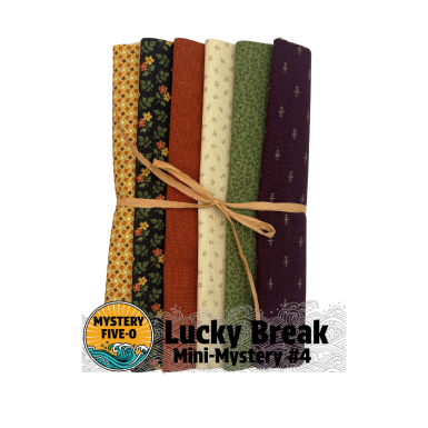 Set of fabric bundles tied together with text 'Mystery Five-O Lucky Break Mini-Mystery #4' on a white background
