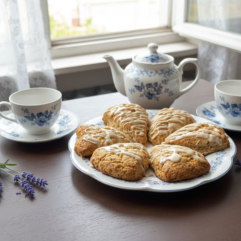 Plate of scones with icing on a wooden table with teacups, a teapot and a window in the background.