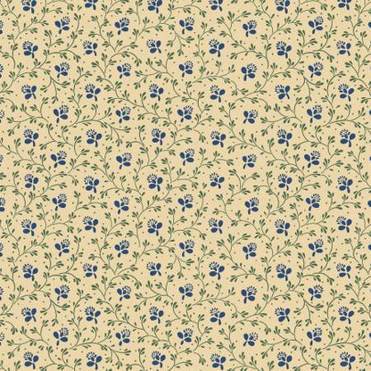 Pattern of small blue flowers and green leaves on a beige background