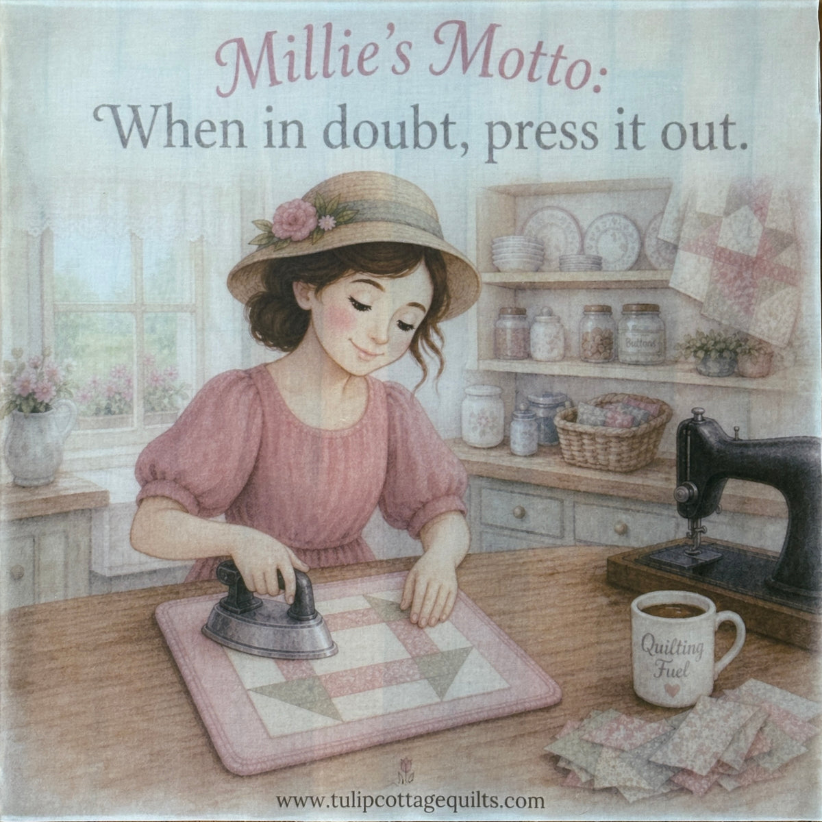 Illustration of a woman ironing a quilt with text 'Millie's Motto: When in doubt, press it out.'