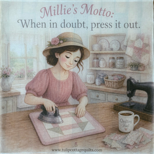 Illustration of a woman ironing a quilt with text 'Millie's Motto: When in doubt, press it out.'