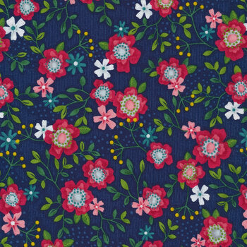 Floral pattern with red, pink, and white flowers on a blue background