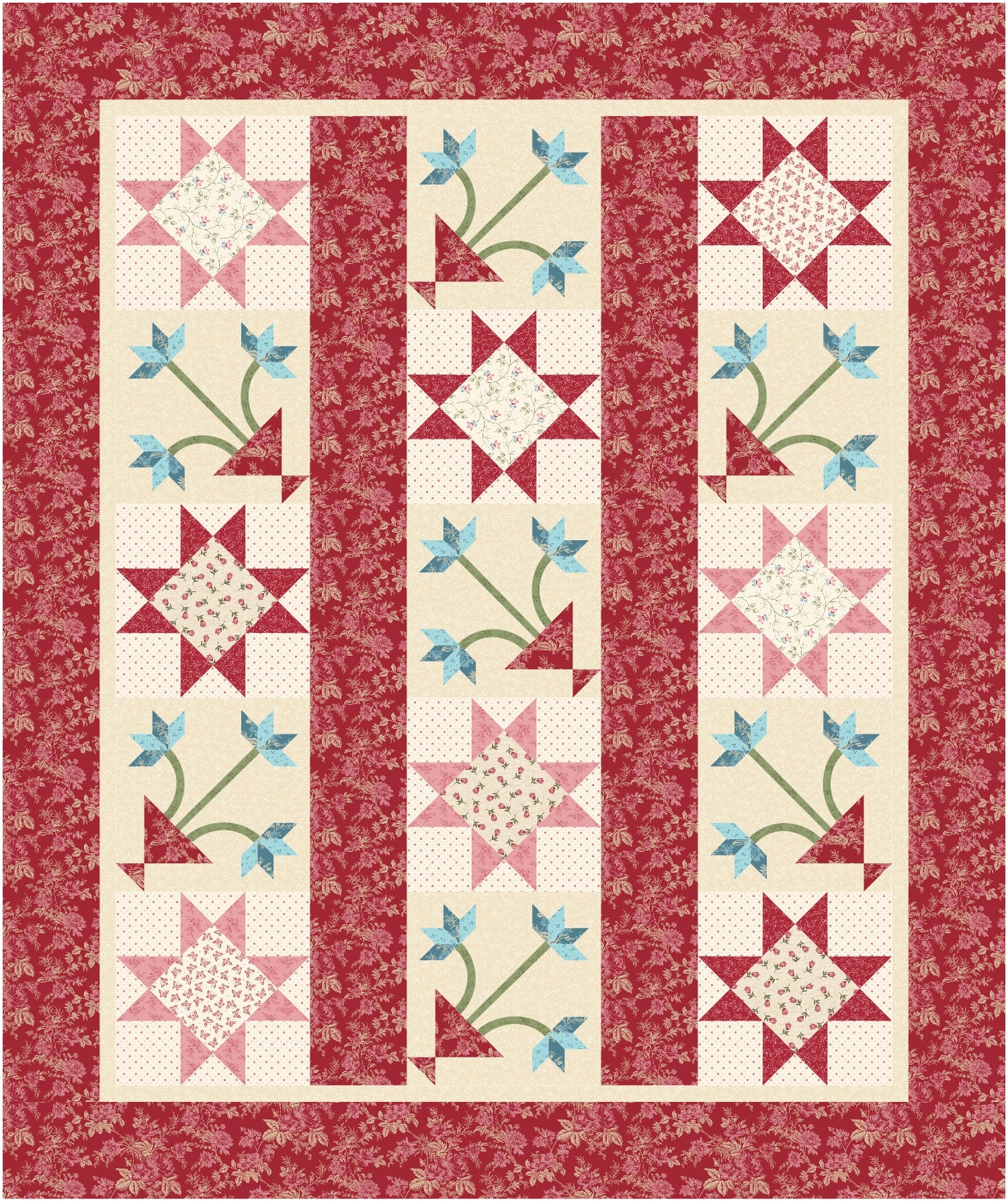 Quilt with star and floral patterns on a red background