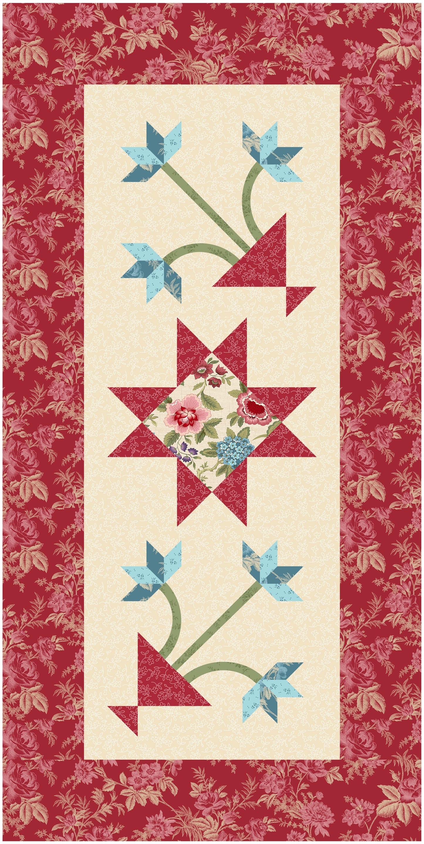 Table runner pattern with star design and floral elements on a red border