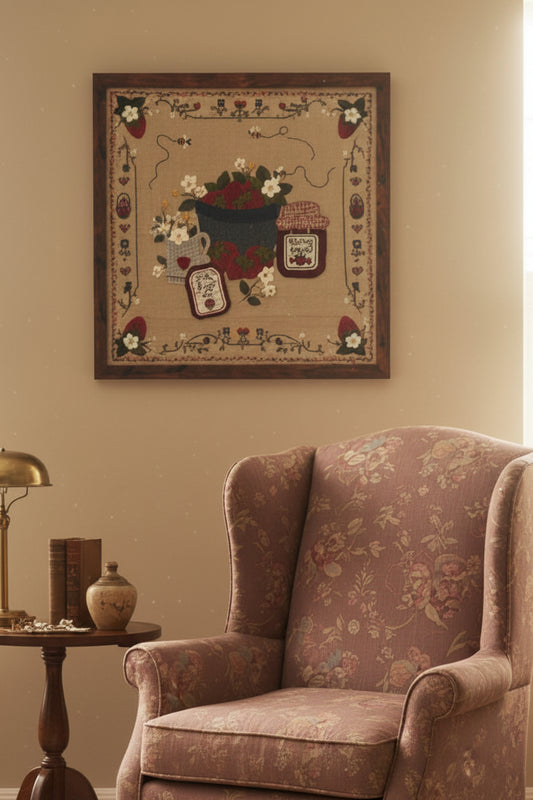 A square needlepoint or cross-stitch style decorative design on a tan fabric background, featuring a basket of red strawberries, white flowers, a blue jug, a jar labeled 'Berry Sweet,' and a tag reading 'Pick Fresh Joy.' The border includes small floral motifs, hearts, baskets, and strawberries, all framed by a dark wood border.