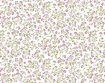 Floral pattern with small flowers and green leaves on a white background